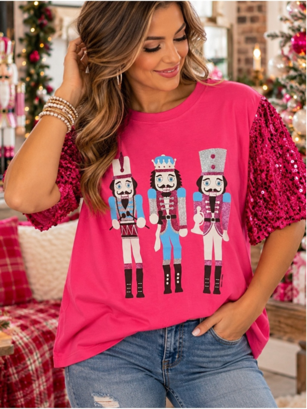Southern Grace Nutcracker Christmas Top Pink Sequin Sleeves XL 2XL